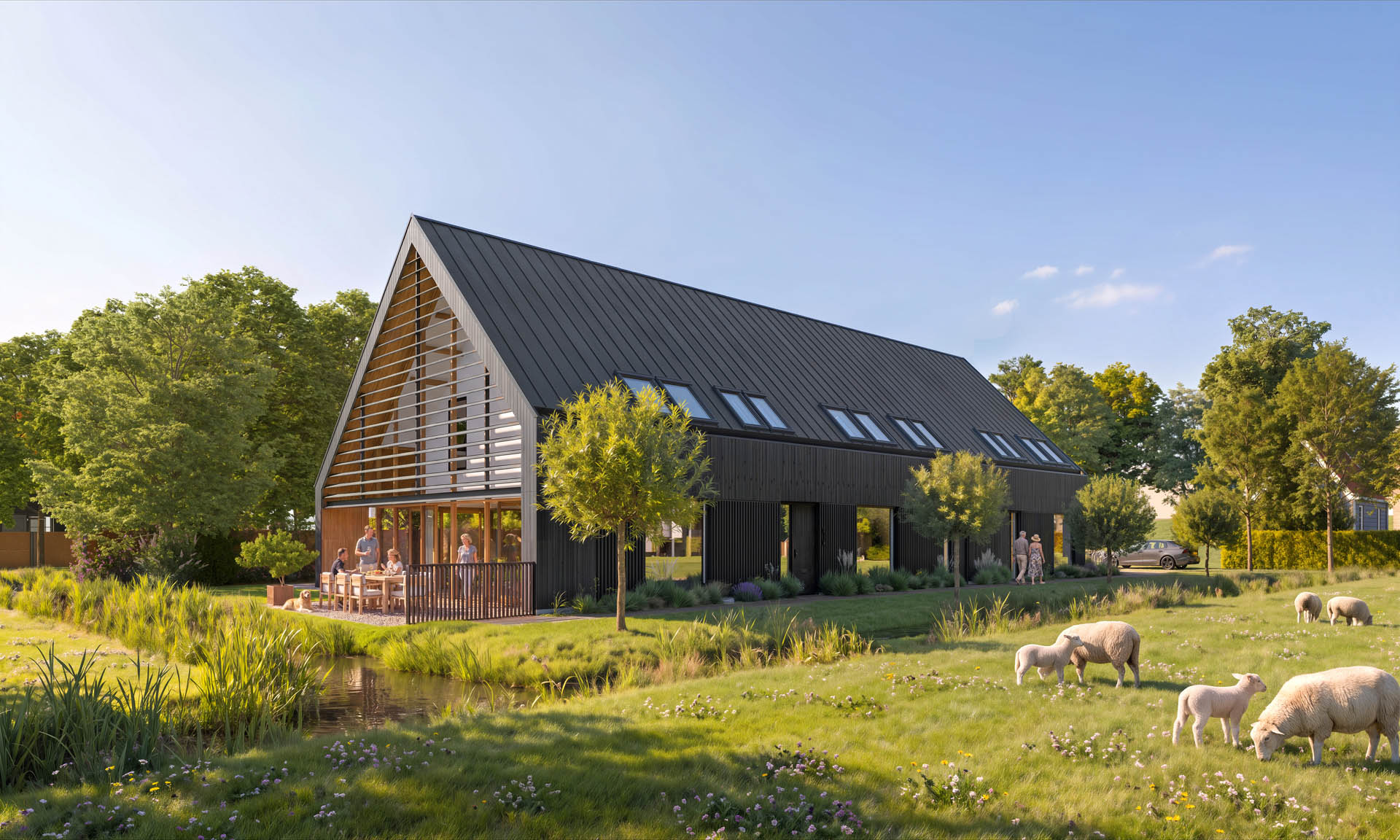 De woningen aan de Broekervaart met weiland op de voorgrond