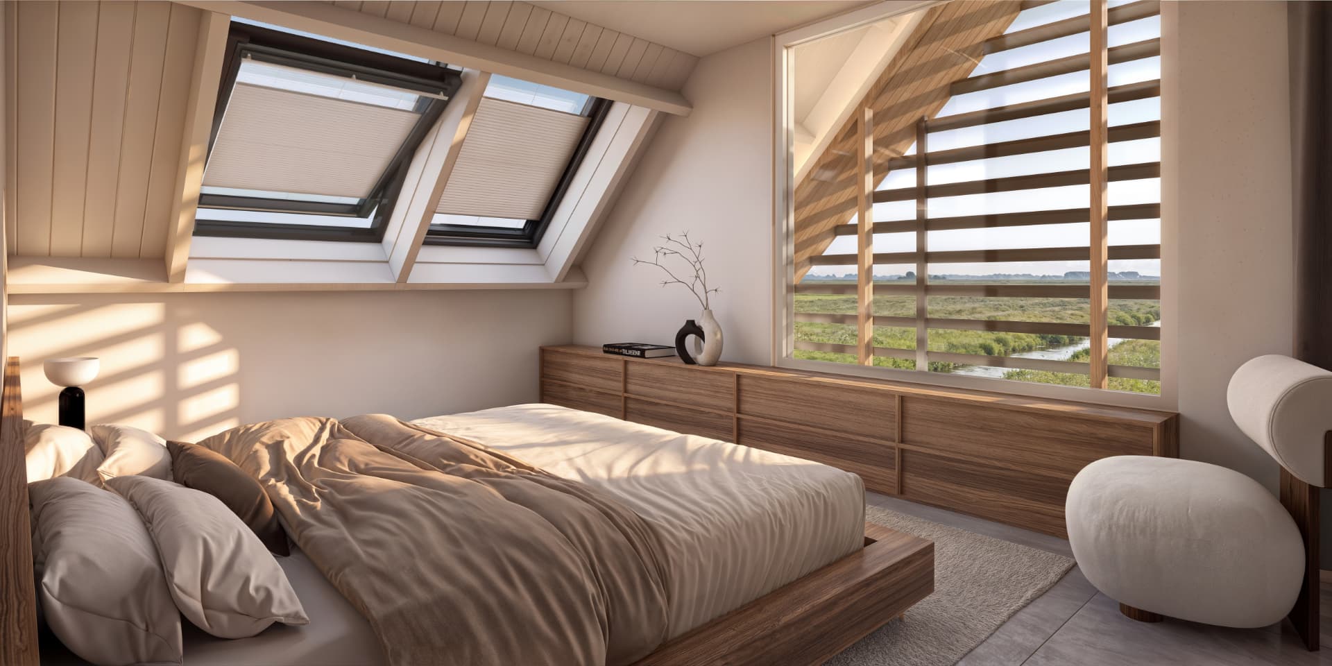 Slaapkamer met uitzicht over het polderlandschap